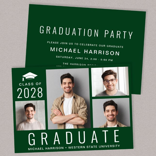 Minimal Modern 4 Foto Grüne Graduierungspartei Einladung (A modern photo collage graduation party invitation to celebrate the graduate's achievements)