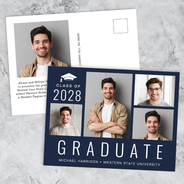 Minimal Modern 5 Foto Collage Blue Abschluss Ankündigungspostkarte (Minimal Modern 5 Photo Collage Blue Graduation Announcement Postcard)