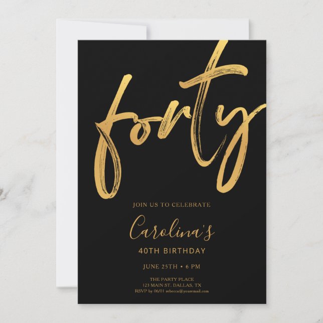 Minimal Modern Black & Gold 40th Birthday Einladung (Vorderseite)