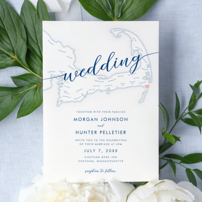 Minimal Modern Chatham Bars Inn Wedding Einladung (Chatham Bars Inn Wedding Invitations in minimal modern navy blue from Coastal Map Designs)