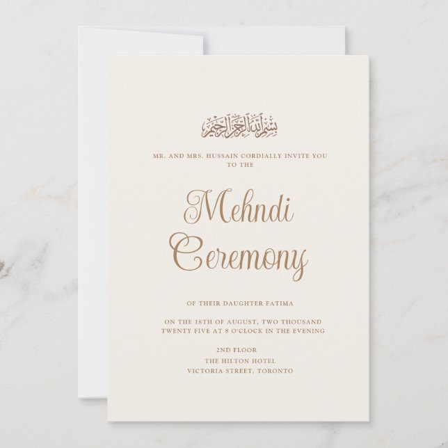 Minimal Modern Cream Henna Mehndi muslimische Zere Einladung (Vorderseite)