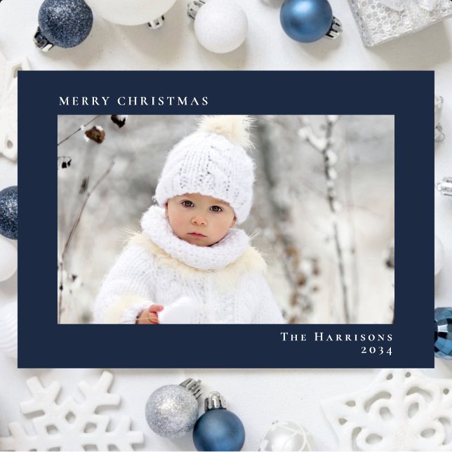 Minimal Modern frohe Weihnachten Foto Blau (Share the love and warmth of the season with your personalized photo Christmas card)