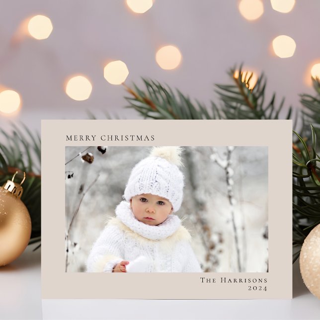 Minimal Modern frohe Weihnachten Foto Taupe (Share the love and warmth of the season with your personalized photo Christmas card)