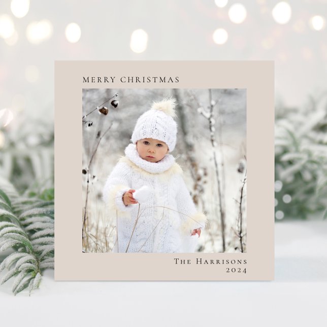 Minimal Modern frohe Weihnachten Foto Taupe (Share the love and warmth of the season with your personalized photo Christmas card)
