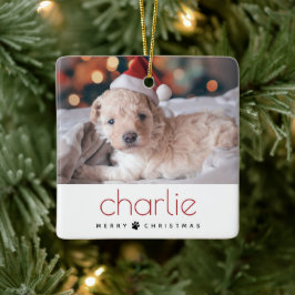 Minimal Modern frohe Weihnachts-Hunde-Foto Keramikornament