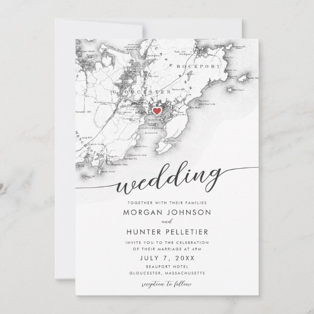 Minimal Modern Gloucester MA Map Wedding Einladung (Vorderseite)