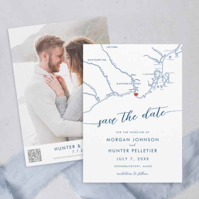 Minimal Modern Kennebunkport Maine Karte (Kennebunkport Map Wedding Save the Date in Modern Navy Blue with QR Code from Coastal Map Designs)