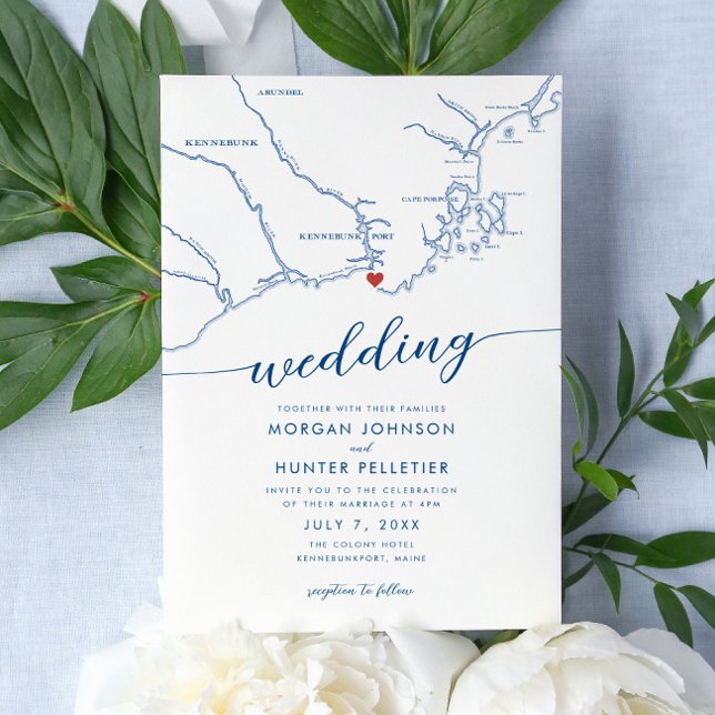 Minimal Modern Kennebunkport Maine Map Wedding Einladung (Modern Minimal Elegant Kennebunkport Maine Wedding Invitation with red heart over a navy blue map)