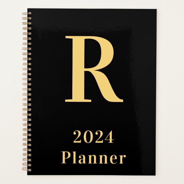 Minimal Modern Monogram Black Gold 2024 Planer (Vorderseite)