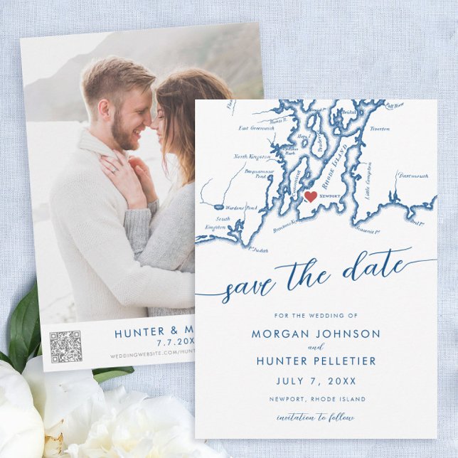 Minimal Modern Newport Rhode Island Karte (Newport Rhode Island Elegant Modern Minimal Wedding Save the Date with Photo and QR cod)