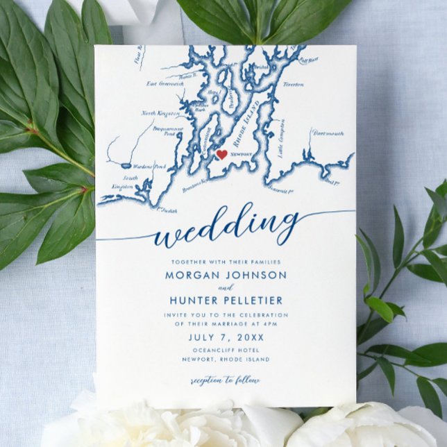 Minimal Modern Newport Rhode Island Map Wedding Einladung (Newport Rhode Island Wedding Invitation with a minimal modern elegant map design in navy blue )
