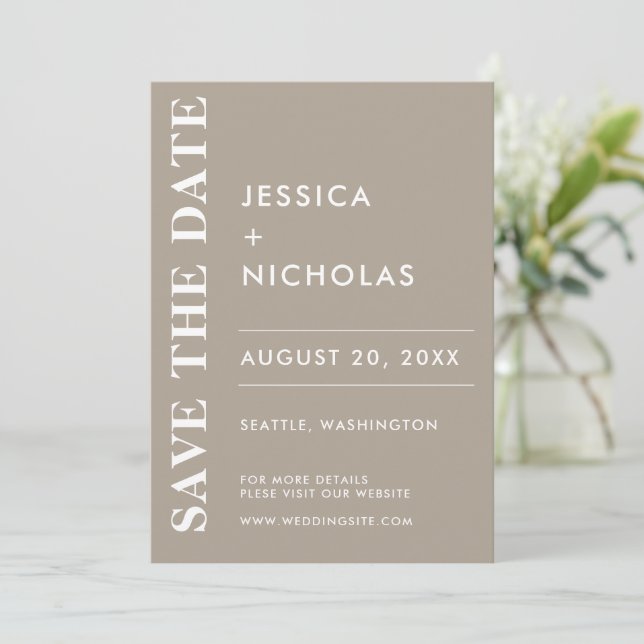 Minimal Modern Olive Gray Hochzeitsfeier Save The Date (Stehend Vorderseite)