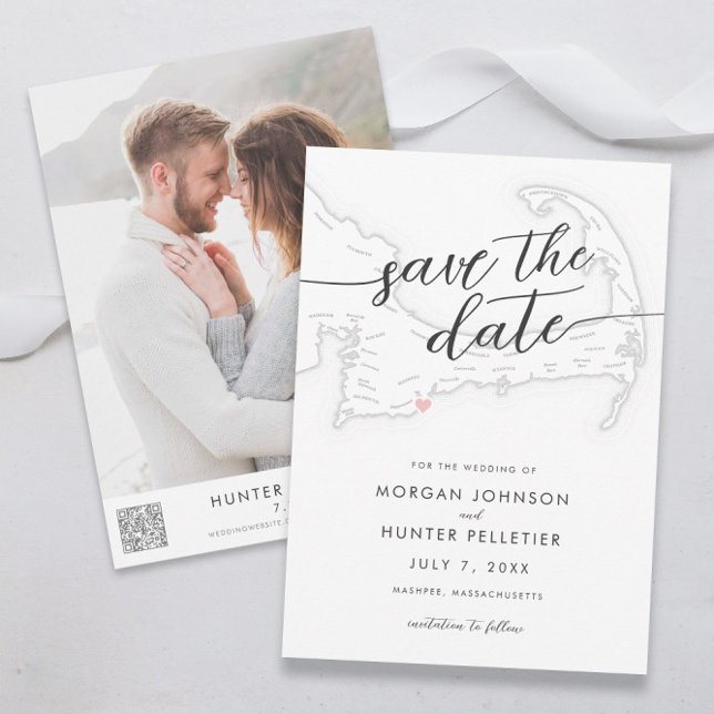 Minimal Modern Popponesset Inn Map Save the Date (Popponesset Inn wedding save the dates with minimal modern black and white design )