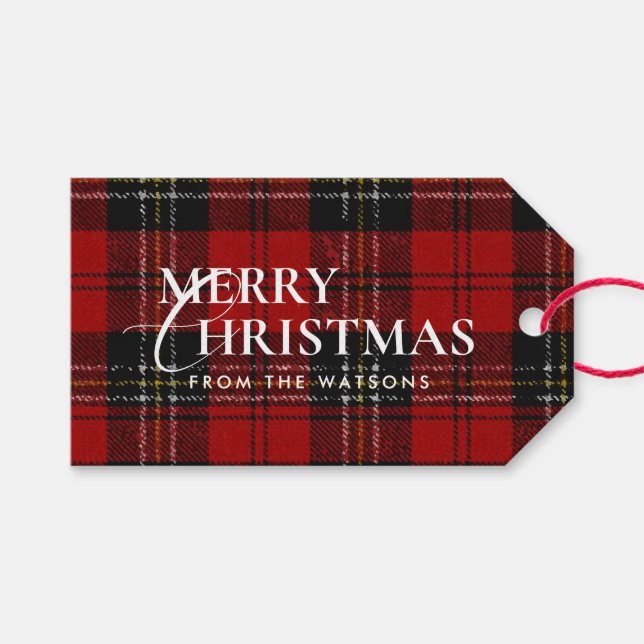 Minimal Modern Red Plaid Script Christmas Geschenkanhänger (Vorderseite (Horizontal))