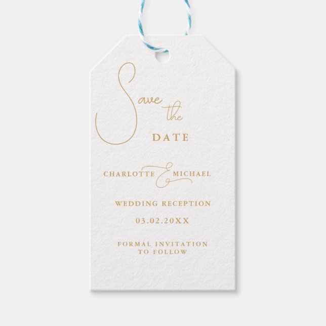 Minimal modern "SAVE THE DATE" Geschenkanhänger (Vorderseite)