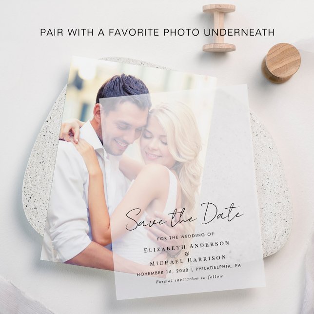 Minimal Modern Script Overlay Save the Date (Elevate your wedding save the date announcements with the timeless beauty of vellum overlays)