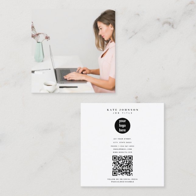 Minimal Modern Simple Business Logo Foto Quadratische Visitenkarte (Vorne/Hinten)