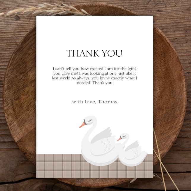 Minimal Modern Swan Kariert Gingham Boy Baby Showe Dankeskarte (Minimal Modern Swan Plaid Gingham Boy Baby Shower Thank You Card)