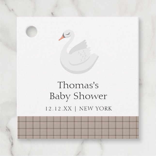Minimal Modern Swan Kariert Gingham Boy Baby Showe Geschenkanhänger (Vorderseite)