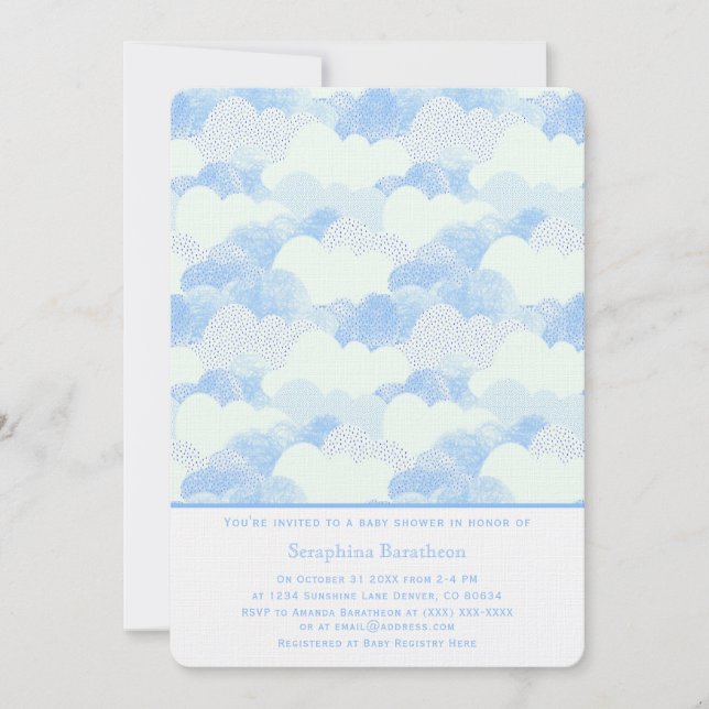 Minimal moderne Abstrakt Blue Clouds Babydusche Einladung (Vorderseite)