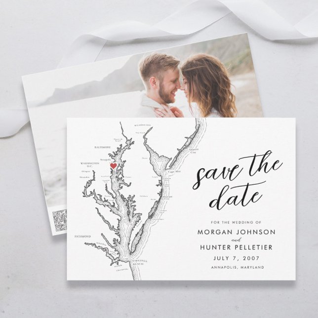Minimal moderne Annapolis Chesapeake Bay Wedding Save The Date (Modern Annapolis Maryland Save the Date with photo and QR code in minimalist black and white)