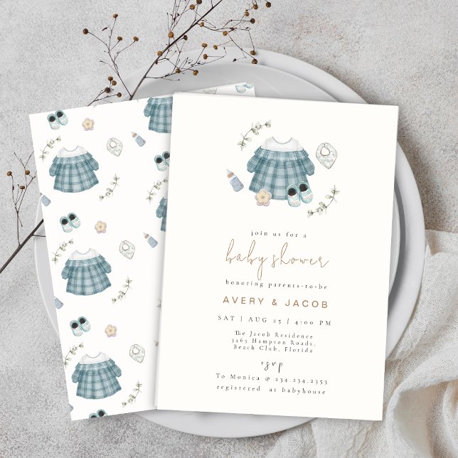 Minimal moderne Boho Kleidung Muster Babydusche Einladung (Minimal Modern Boho Clothes Pattern Baby Shower Invitation)