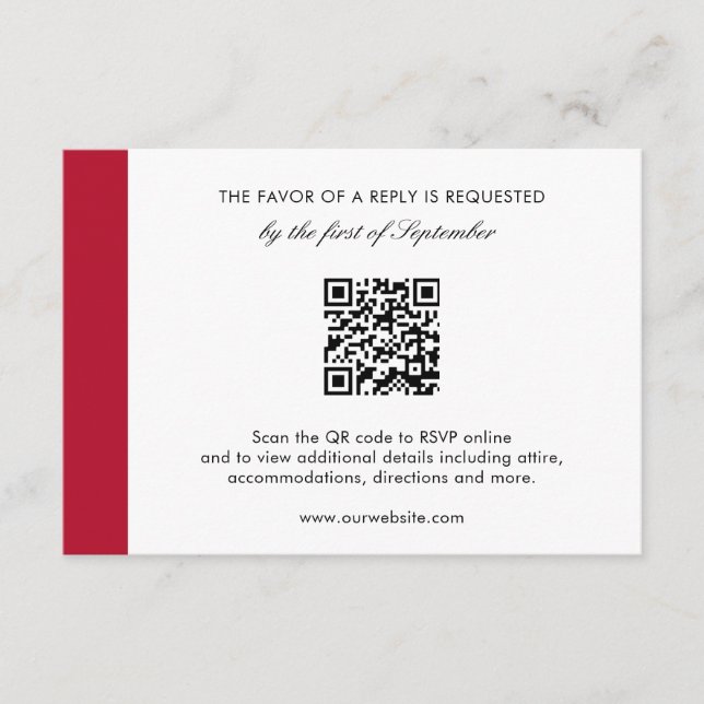 Minimal moderne, elegante Red QR Code Hochzeit RSVP Karte (Vorderseite)