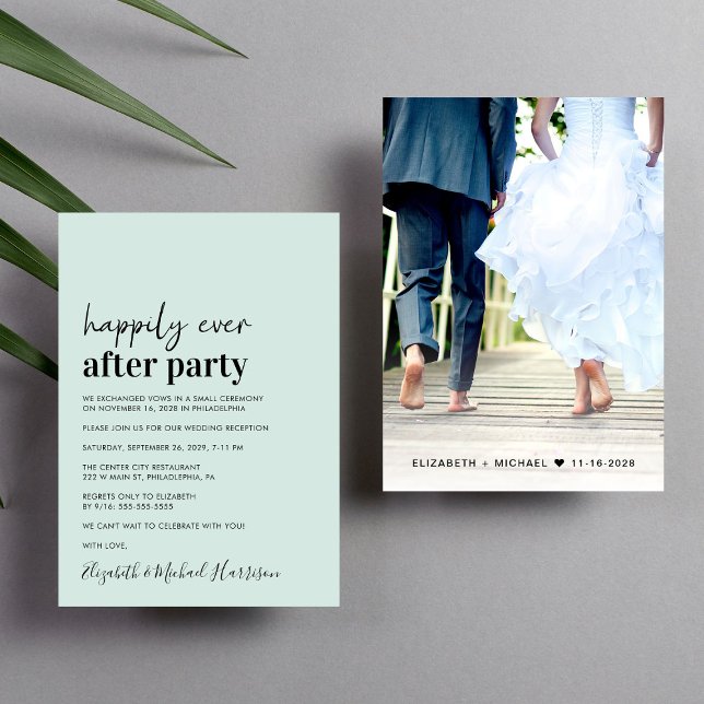 Minimal moderne Foto Mint Hochzeitsempfehlung Einladung (An chic Happily Ever After Party invitation for your wedding celebration)
