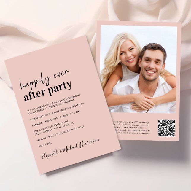 Minimal moderne Foto QR Code Hochzeitsszenierung E Einladung (An chic Happily Ever After Party all-in-one invitation for your wedding celebration)