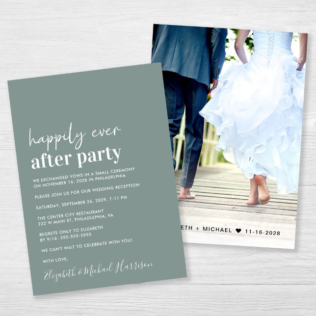Minimal moderne Foto Sage Green Wedding Empfang Einladung (An chic Happily Ever After Party photo invitation for your wedding celebration)
