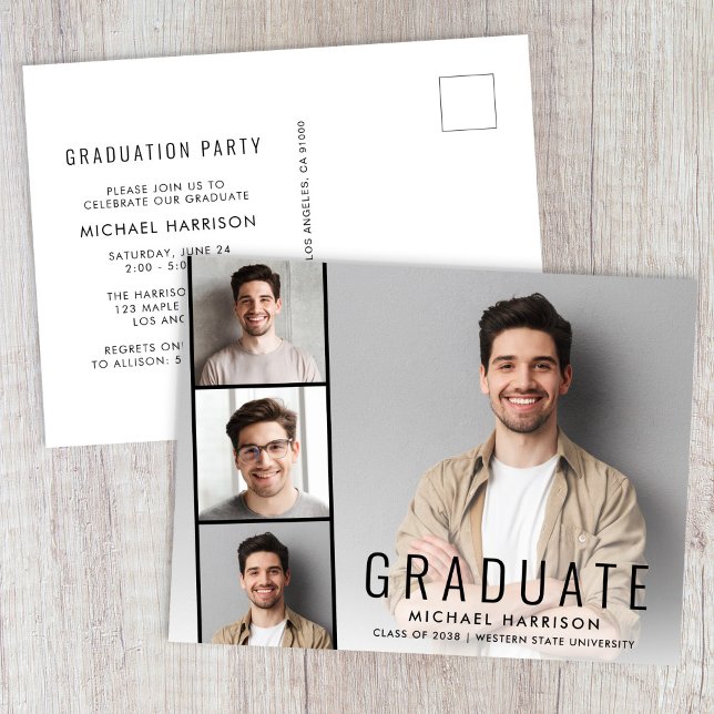 Minimal Moderne Foto Strip Graduation Party Einladungspostkarte (Minimal Modern Photo Graduation Party Invitation Postcard)