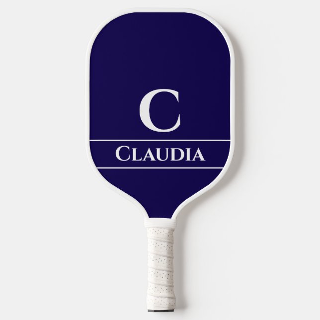 Minimal moderne Monogramm und Name in Navy Blue Pickleball Schläger (Vorderseite)