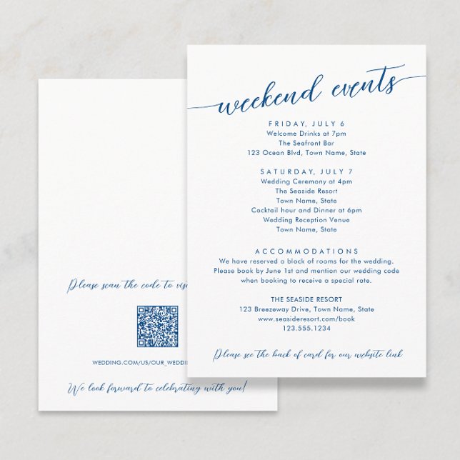 Minimal moderne Navy Blue Hotel und Weekend Events Begleitkarte (Minimal Modern Navy Blue Hotel and Weekend Events Enclosure Card with QR Code by Coastal Map Designs)
