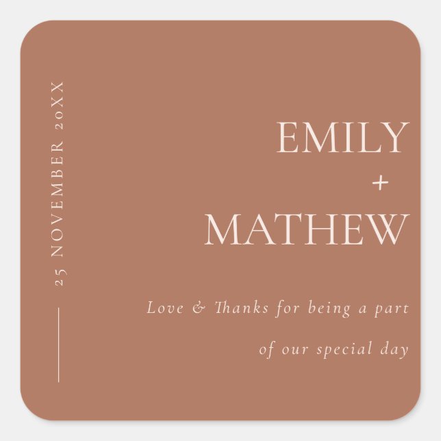 MINIMAL MODERNE ORANGE RUST TYPOGRAPHY WEDD QUADRATISCHER AUFKLEBER (Vorderseite)