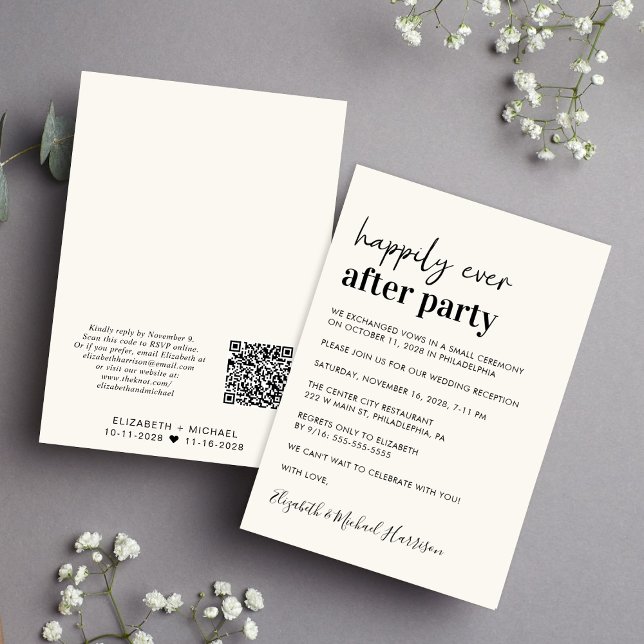 Minimal moderne QR-Code-Creme Hochzeitsempfang Einladung (From private vows to a grand happily ever after party - celebrate with family and friends)