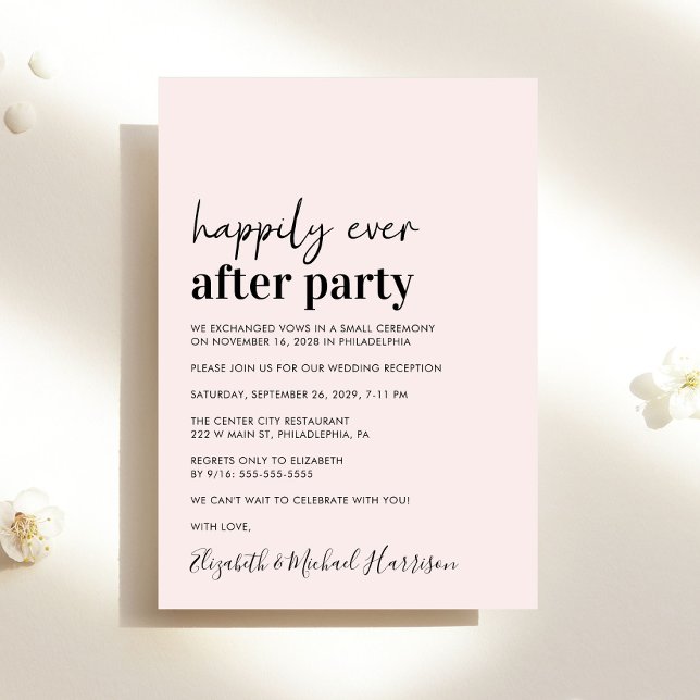 Minimal moderne rosa Hochzeitsempfehlung Ankündigung (An chic Happily Ever After Party invitation for your wedding celebration)