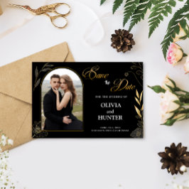 Minimal moderne Schwarz-Gold-Blumen-Foto-Karte Save The Date