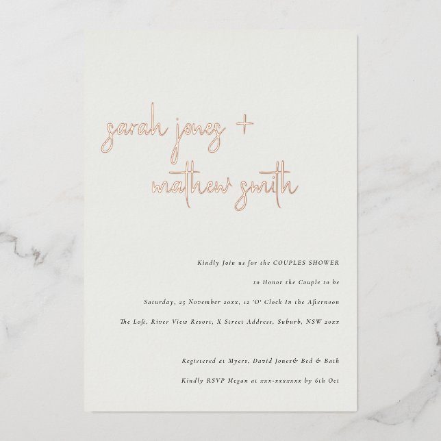 Minimal moderne Schwarz-weiß Script Couples Dusche Folieneinladung (Vorderseite)