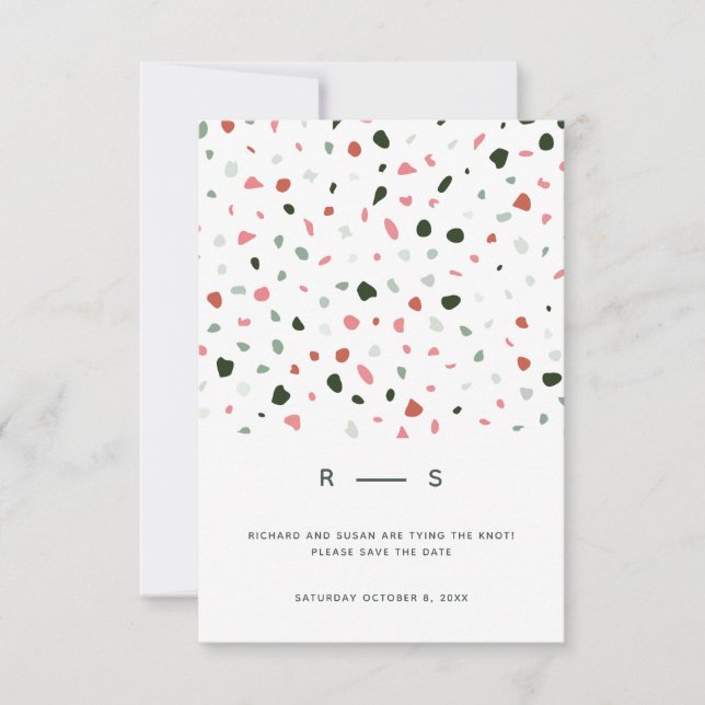 Minimal moderne Terrazzo Muster Grün rosa Hochzeit Save The Date (Vorderseite)