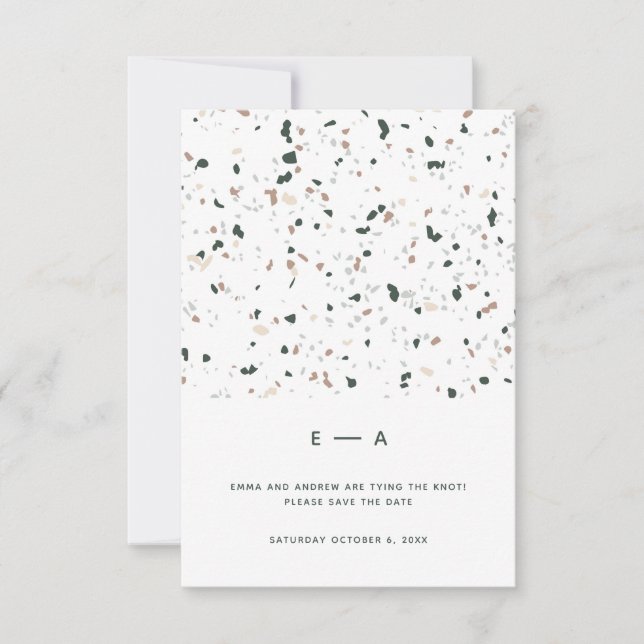 Minimal moderne Terrazzo Muster Grün rosa Hochzeit Save The Date (Vorderseite)