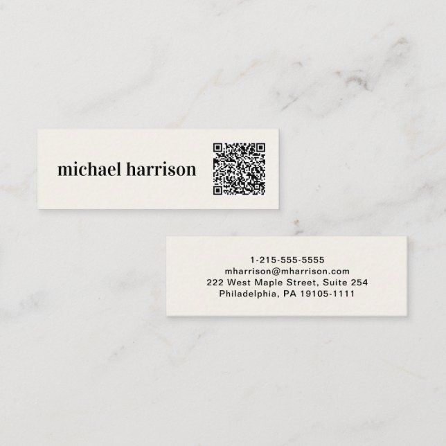 Minimal moderne Typografie QR Code Cream Mini Visitenkarte (Vorne/Hinten)
