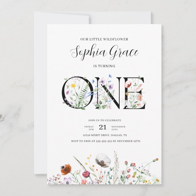 Minimal Moderne Wildblume 1. Geburtstag Einladung (Vorderseite)