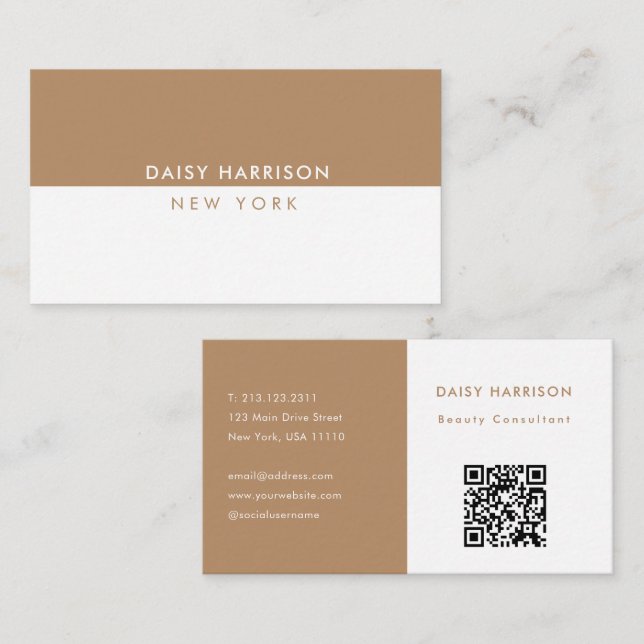 Minimal moderner einfacher QR-Code weiß & braun Visitenkarte (Vorne/Hinten)