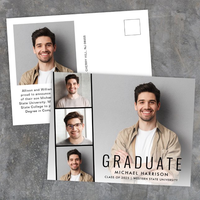 Minimal Moderner Foto Strip Abschluss Ankündigungspostkarte (Cherish the milestone: share your graduate's achievement with a custom photo graduation announcement)