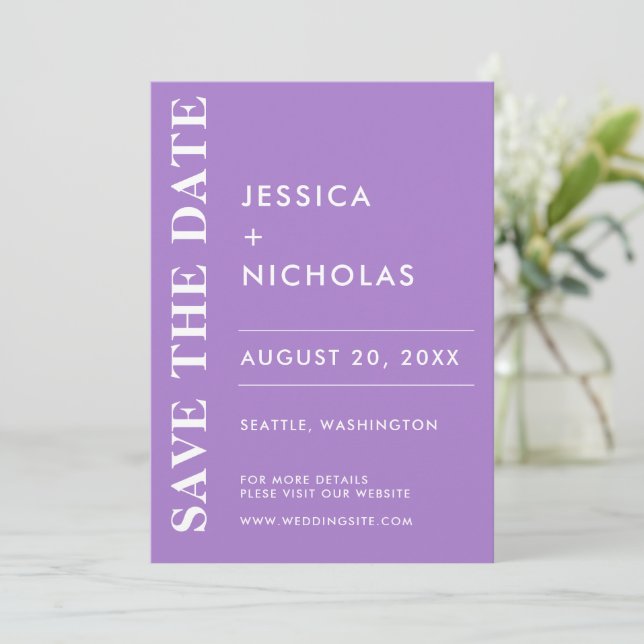 Minimal Moderner Lavendel Elegante Hochzeit Save The Date (Stehend Vorderseite)