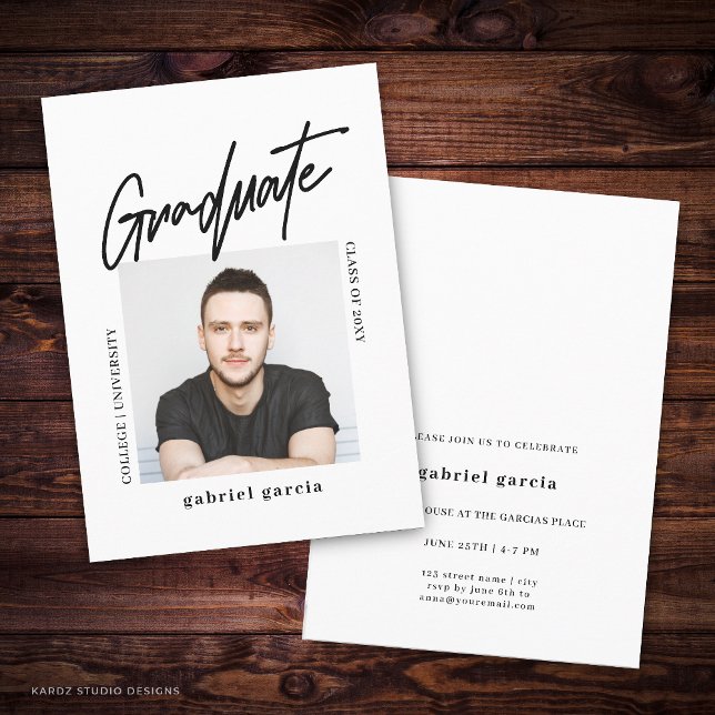 Minimal Modernes Foto Script Graduate Party Einladung (Front and back of 4.5 x 6.25 card is shown. Choose size, corner and paper style.)