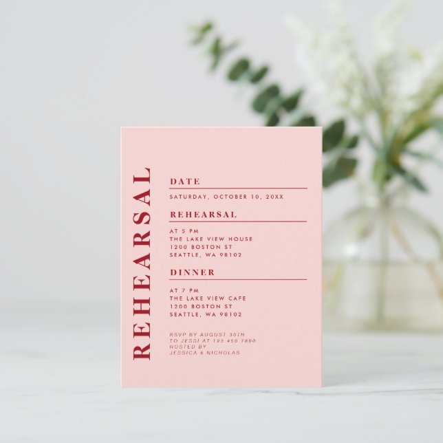 Minimal Modernes Rosa Probe Abendessen Elegante Einladung (Stehend Vorderseite)