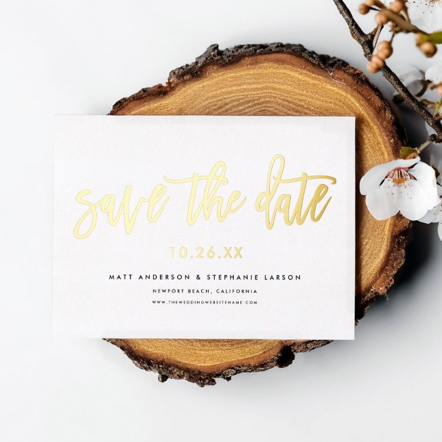 Minimal Modernes Script Save the Date Gold Folieneinladung (Von Creator hochgeladen)