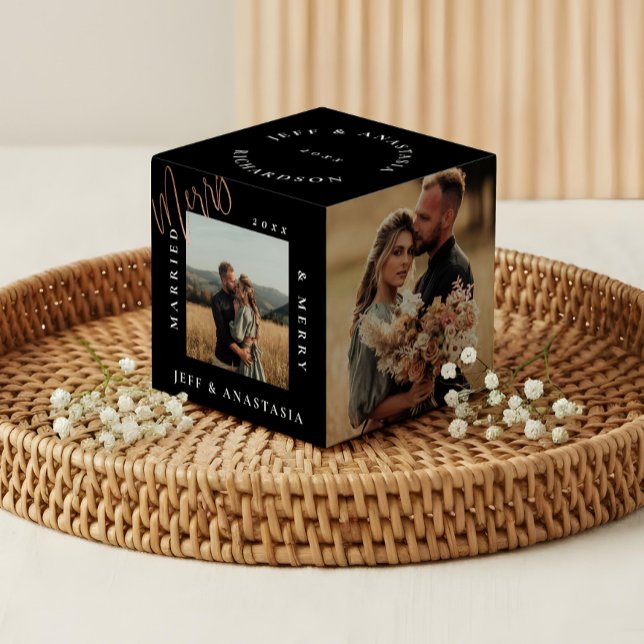 Minimal Modernes Verheiratet- & Merry-Gold-Script Würfel (Minimal Modern Married & Merry Gold Script Cube)