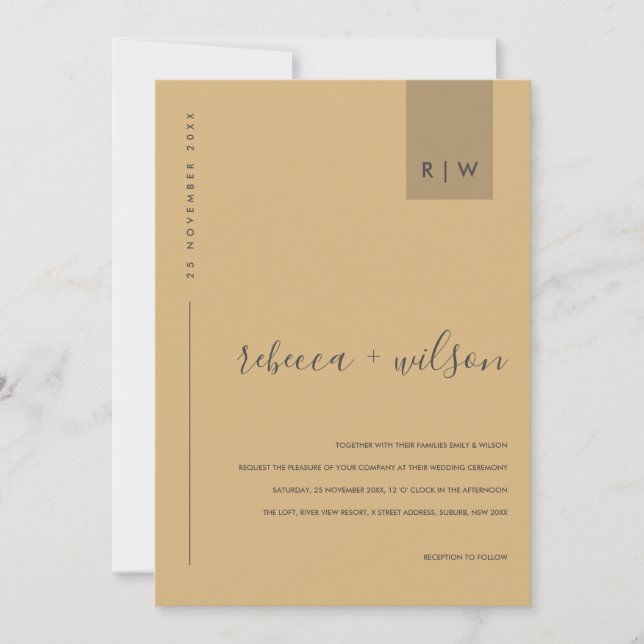 MINIMAL MODERNES YELLOW OCHRE TYPOGRAPHIE WEDD EINLADUNG (Vorderseite)